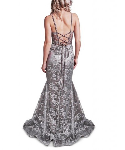 Juniors' All Over Silver Glitter Mesh Gown Silver $73.15 Dresses