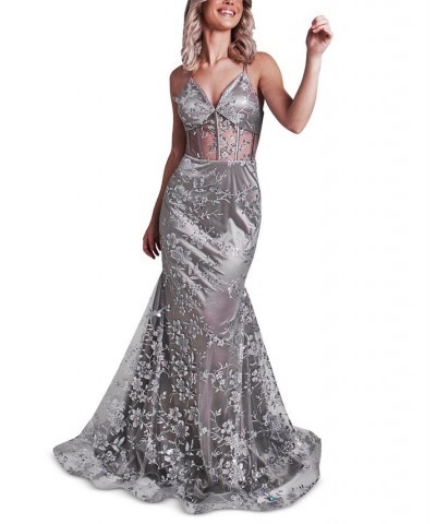 Juniors' All Over Silver Glitter Mesh Gown Silver $73.15 Dresses