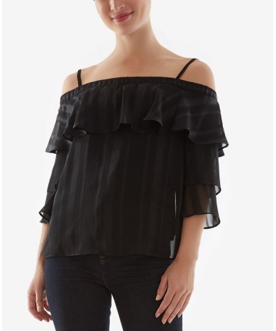 Juniors' Shadow-Striped Ruffled Cold-Shoulder Top Black $13.02 Tops