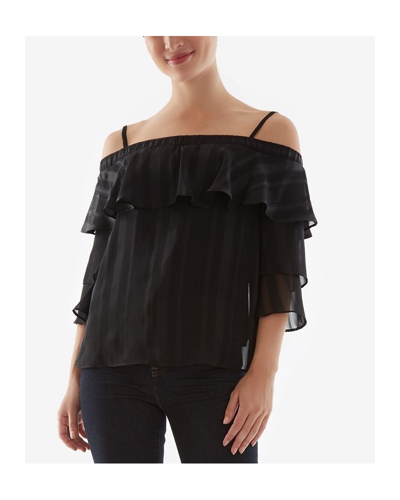 Juniors' Shadow-Striped Ruffled Cold-Shoulder Top Black $13.02 Tops