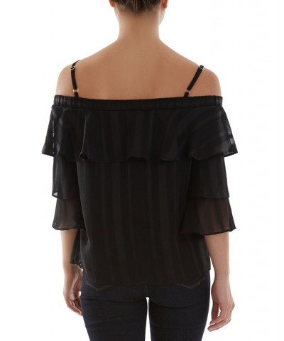 Juniors' Shadow-Striped Ruffled Cold-Shoulder Top Black $13.02 Tops