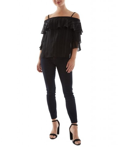 Juniors' Shadow-Striped Ruffled Cold-Shoulder Top Black $13.02 Tops