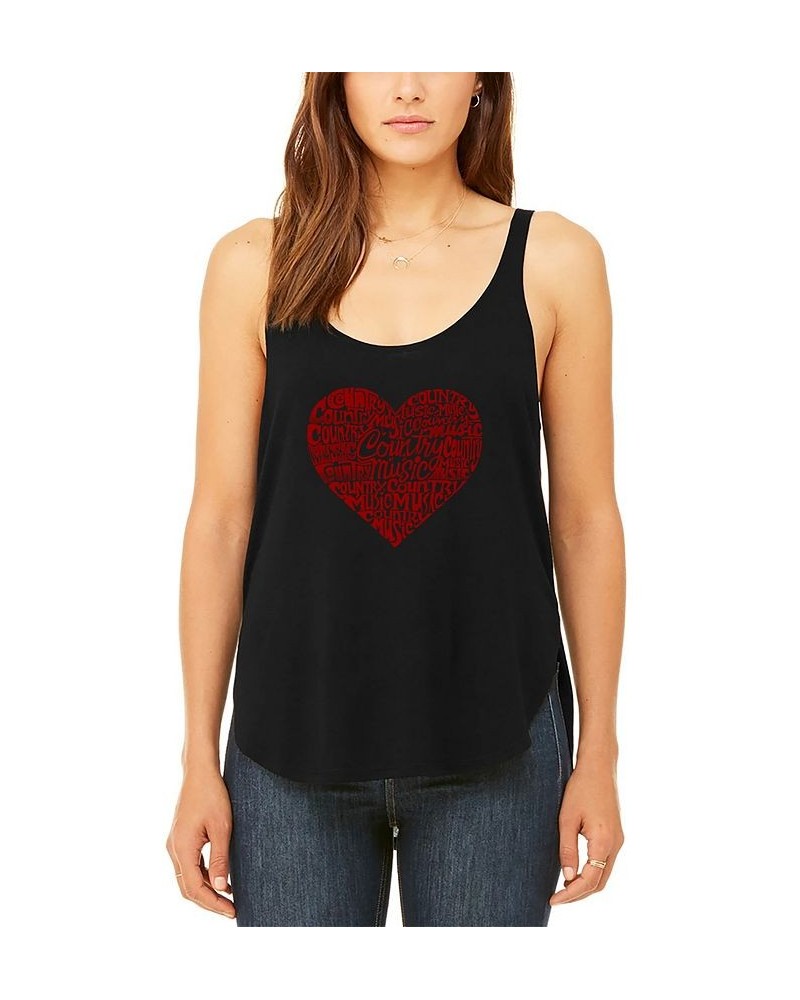 Women's Word Art Country Music Heart Flowy Tank Top Black $26.54 Tops