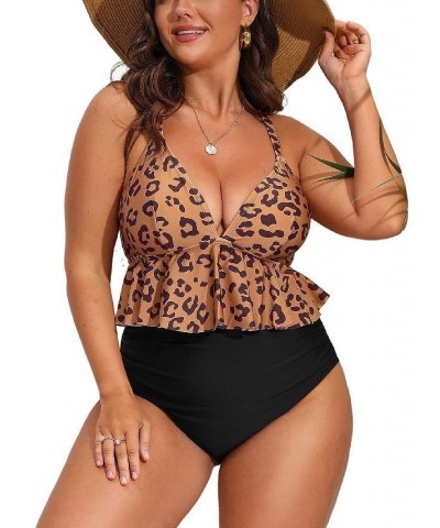 Women's Jungle Cheetah Ruffled Tankini & High Waist Plus Size Bikini Set Black $25.92 Swimsuits