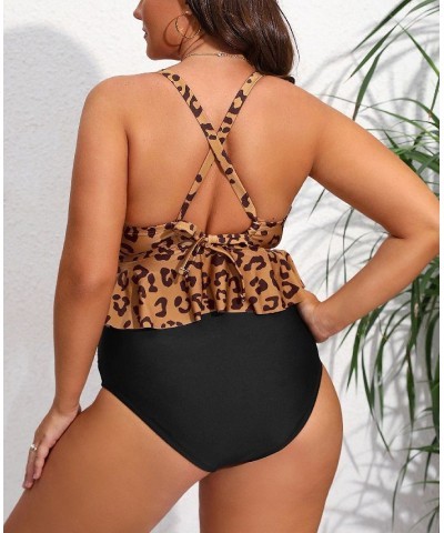 Women's Jungle Cheetah Ruffled Tankini & High Waist Plus Size Bikini Set Black $25.92 Swimsuits