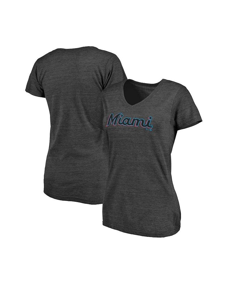 Women's Heather Charcoal Miami Marlins Wordmark Tri-Blend V-Neck T-shirt Heathered Charcoal $20.25 Tops