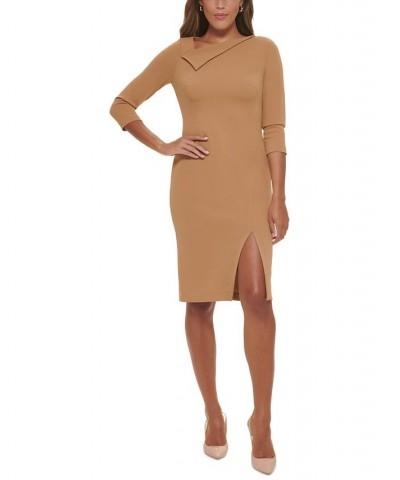 Women's Foldover-Neck Front-Slit Sheath Dress Brown $42.99 Dresses