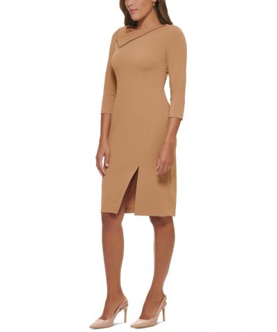 Women's Foldover-Neck Front-Slit Sheath Dress Brown $42.99 Dresses