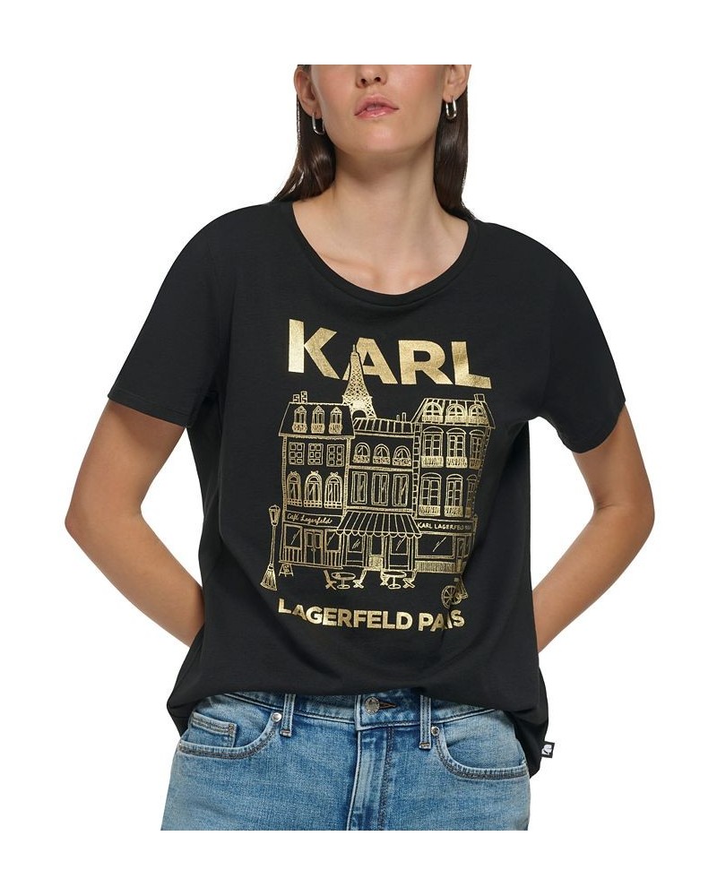 Women's Metallic Paris Graphic T-Shirt Black/ Gold $25.74 Tops