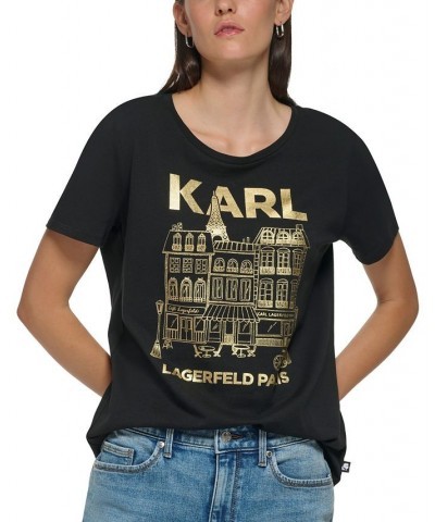 Women's Metallic Paris Graphic T-Shirt Black/ Gold $25.74 Tops