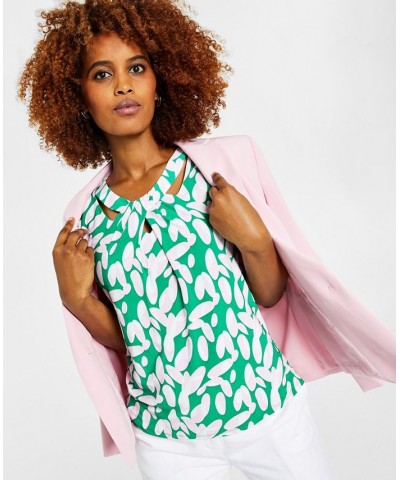 Women's Printed Twist-Neck Blouse Green/Pink Combo $34.22 Tops