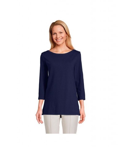 Women's Petite 3/4 Sleeve Heavyweight Jersey Boatneck Button Back Tunic Blue $29.88 Tops