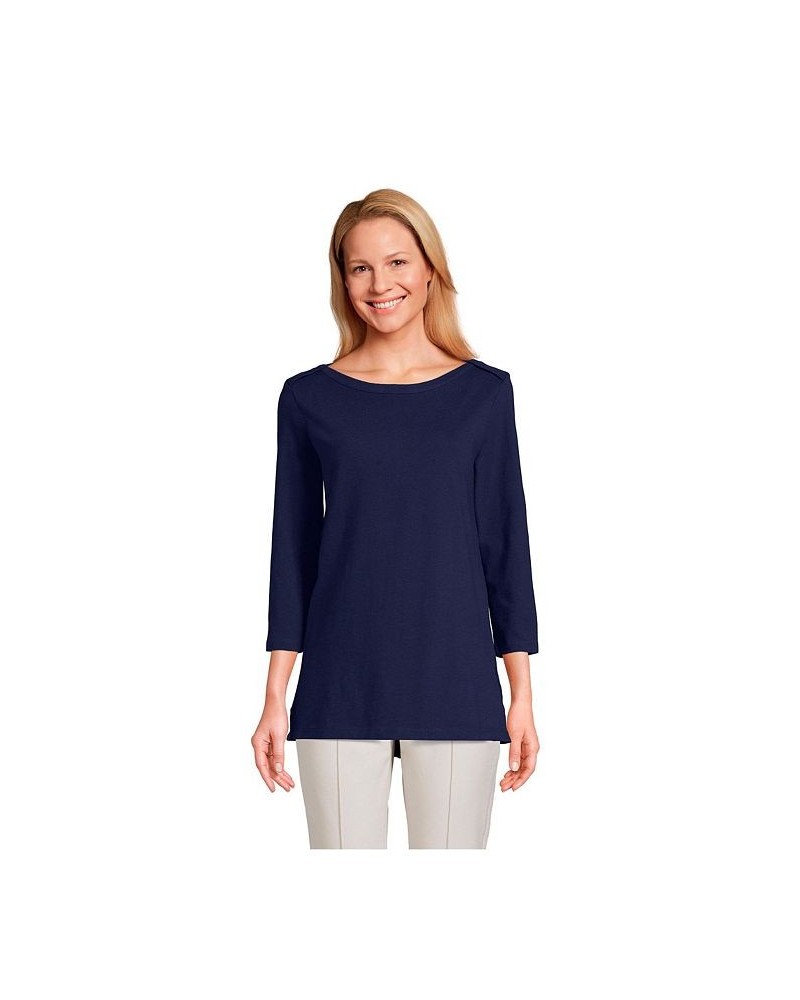 Women's Petite 3/4 Sleeve Heavyweight Jersey Boatneck Button Back Tunic Blue $29.88 Tops