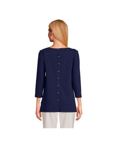 Women's Petite 3/4 Sleeve Heavyweight Jersey Boatneck Button Back Tunic Blue $29.88 Tops