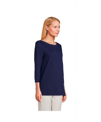 Women's Petite 3/4 Sleeve Heavyweight Jersey Boatneck Button Back Tunic Blue $29.88 Tops