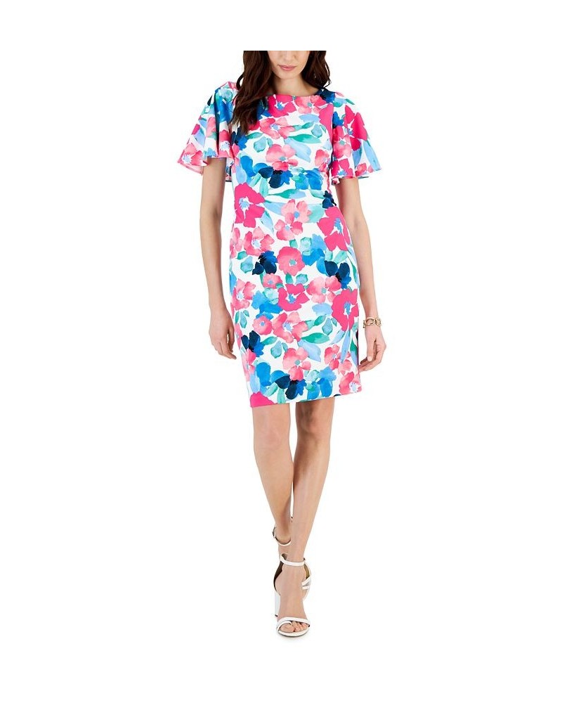 Printed Scuba Crepe Sheath Flutter Sleeve Dress Lily White Multi $53.41 Dresses