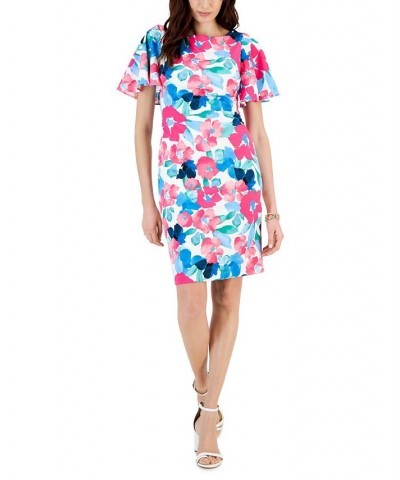 Printed Scuba Crepe Sheath Flutter Sleeve Dress Lily White Multi $53.41 Dresses