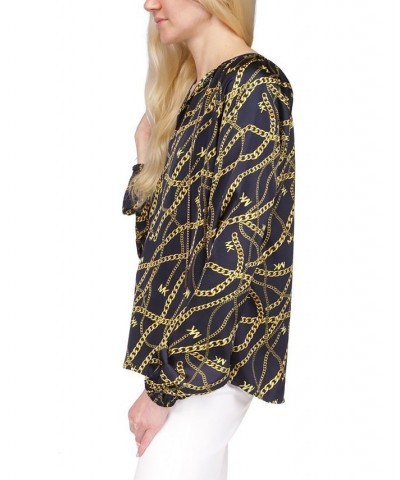 Women's Logo-Print Chain Split-Neck Top Regular & Petite Blue $45.90 Tops