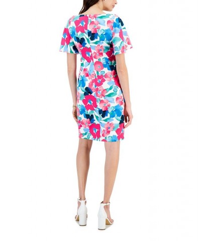 Printed Scuba Crepe Sheath Flutter Sleeve Dress Lily White Multi $53.41 Dresses