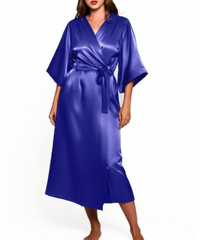 Women's Victoria Satin 3/4 Sleeve Long Robe Blue $35.34 Lingerie