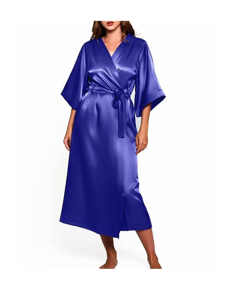 Women's Victoria Satin 3/4 Sleeve Long Robe Blue $35.34 Lingerie