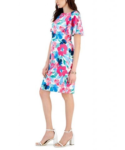 Printed Scuba Crepe Sheath Flutter Sleeve Dress Lily White Multi $53.41 Dresses