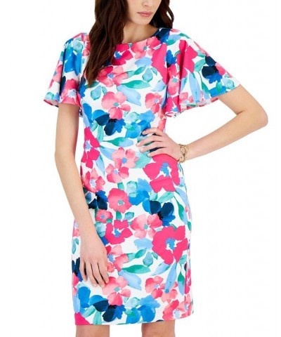 Printed Scuba Crepe Sheath Flutter Sleeve Dress Lily White Multi $53.41 Dresses