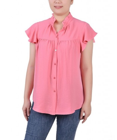 Petite Flutter Sleeve Ruffle Neck Blouse Pink $25.48 Tops