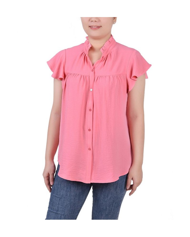 Petite Flutter Sleeve Ruffle Neck Blouse Pink $25.48 Tops