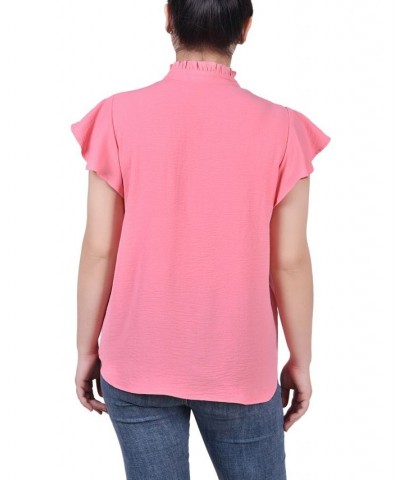 Petite Flutter Sleeve Ruffle Neck Blouse Pink $25.48 Tops