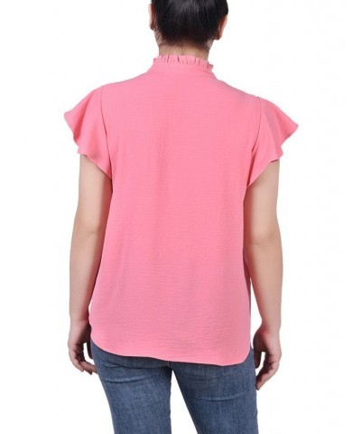 Petite Flutter Sleeve Ruffle Neck Blouse Pink $25.48 Tops