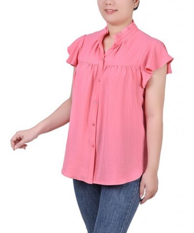 Petite Flutter Sleeve Ruffle Neck Blouse Pink $25.48 Tops