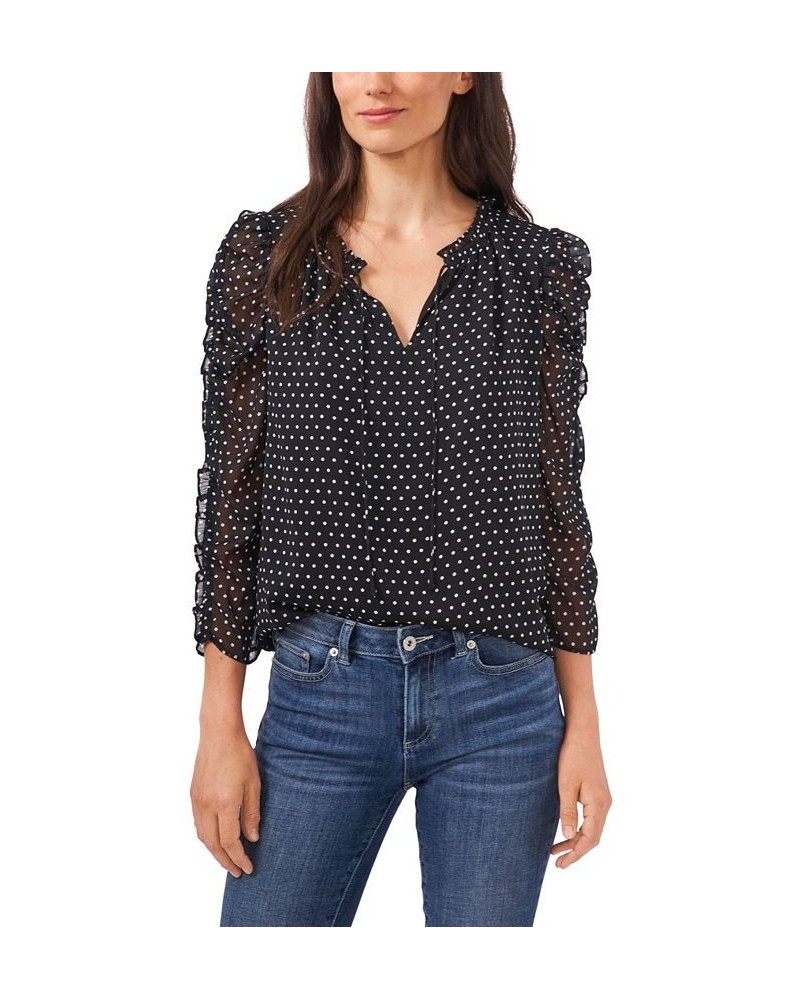 Women's Long Sleeve Ruffled Duet Mini Dot Blouse Rich Black $40.59 Tops