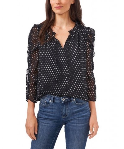 Women's Long Sleeve Ruffled Duet Mini Dot Blouse Rich Black $40.59 Tops