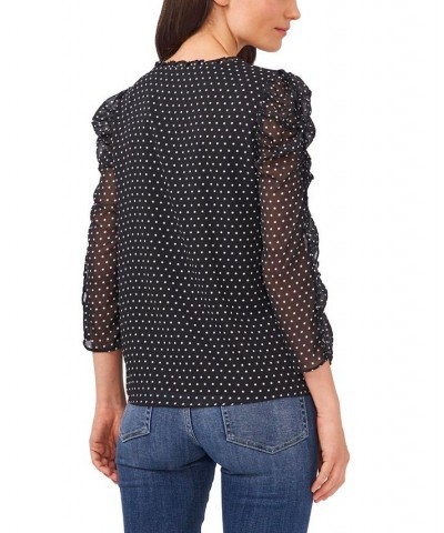 Women's Long Sleeve Ruffled Duet Mini Dot Blouse Rich Black $40.59 Tops