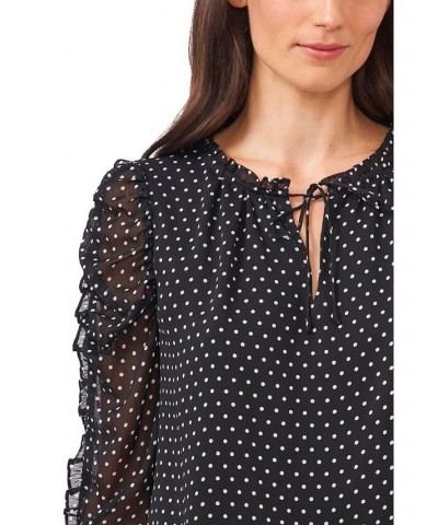 Women's Long Sleeve Ruffled Duet Mini Dot Blouse Rich Black $40.59 Tops