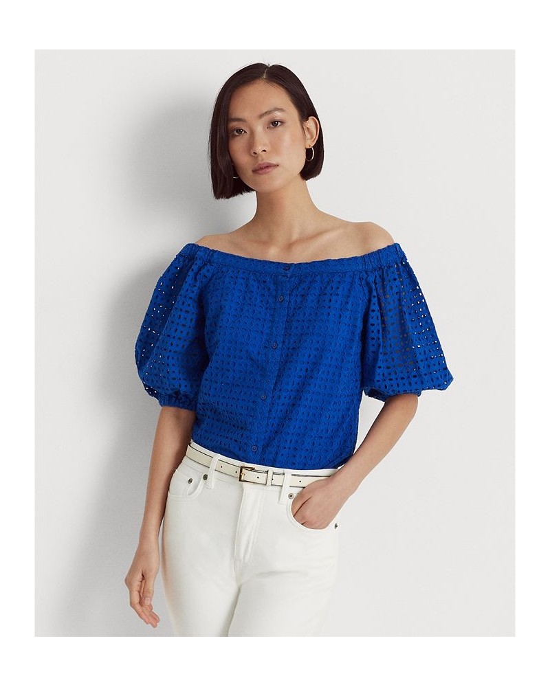 Women's Eyelet Cotton Off-the-Shoulder Blouse Blue $75.25 Tops