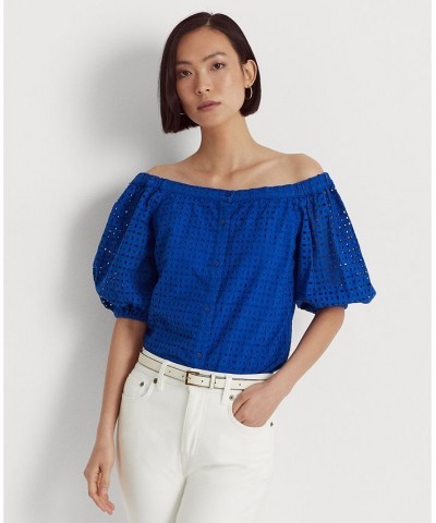 Women's Eyelet Cotton Off-the-Shoulder Blouse Blue $75.25 Tops