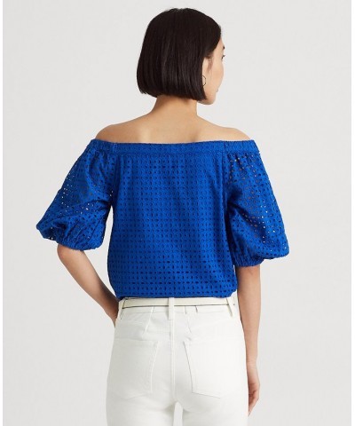 Women's Eyelet Cotton Off-the-Shoulder Blouse Blue $75.25 Tops