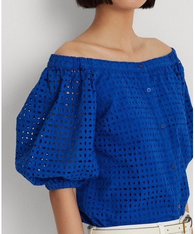 Women's Eyelet Cotton Off-the-Shoulder Blouse Blue $75.25 Tops