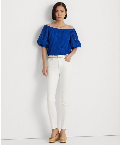 Women's Eyelet Cotton Off-the-Shoulder Blouse Blue $75.25 Tops