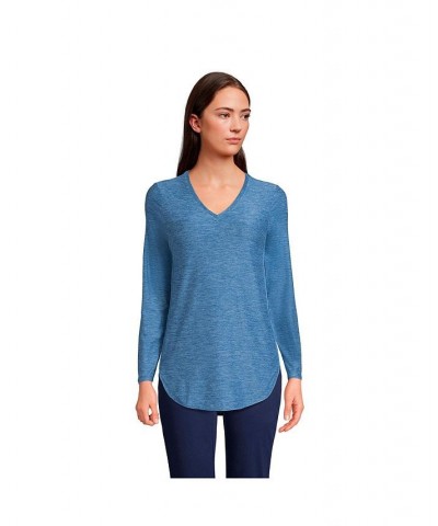 Women's Petite Soft Performance Long Sleeve Curve Hem Vneck Tunic Blue $32.48 Tops