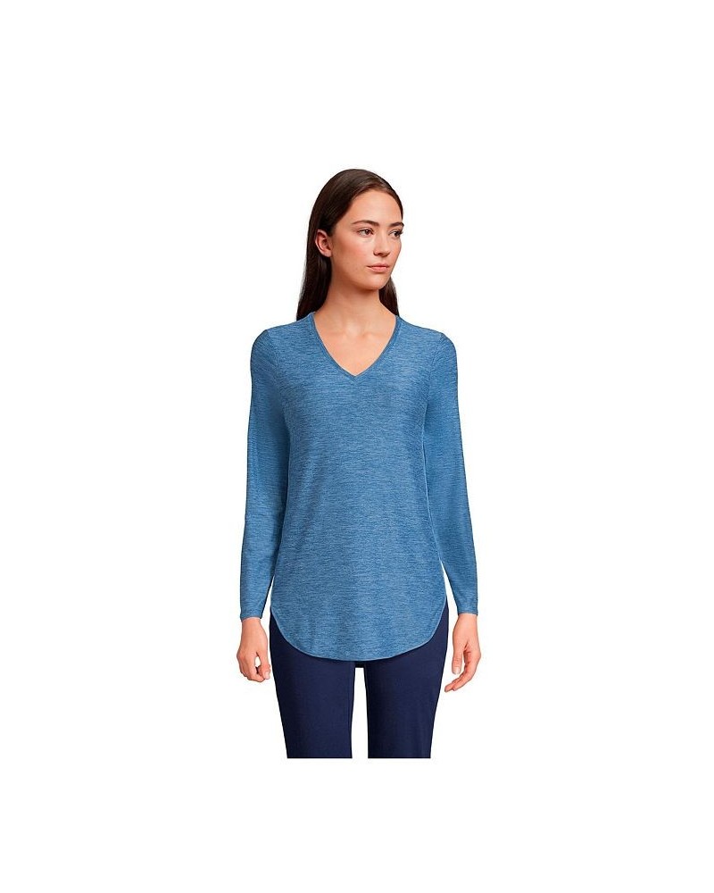 Women's Petite Soft Performance Long Sleeve Curve Hem Vneck Tunic Blue $32.48 Tops