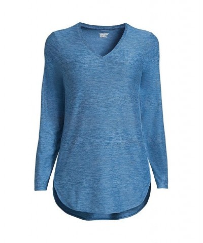 Women's Petite Soft Performance Long Sleeve Curve Hem Vneck Tunic Blue $32.48 Tops