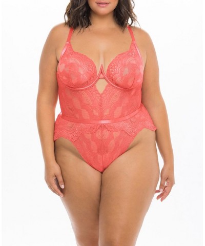 Plus Size Scallop Lace Halter neck Strap Teddy with Open Back Details Georgia Peach $20.30 Lingerie