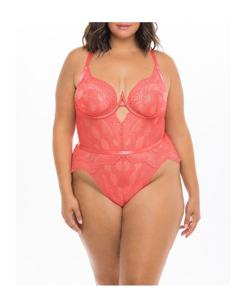 Plus Size Scallop Lace Halter neck Strap Teddy with Open Back Details Georgia Peach $20.30 Lingerie