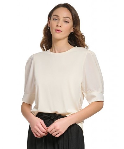 Women's Crewneck Contrast-Elbow-Sleeve Knit Top Tan/Beige $22.00 Tops