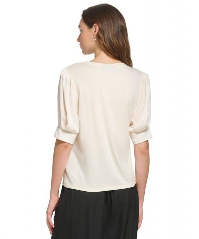 Women's Crewneck Contrast-Elbow-Sleeve Knit Top Tan/Beige $22.00 Tops