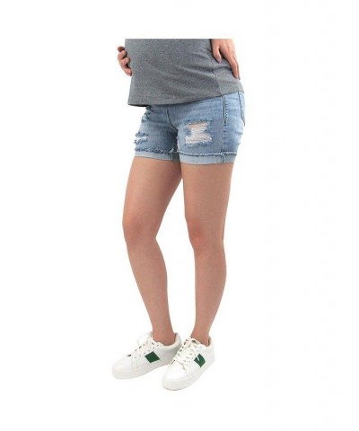 Destructed Cuffed Maternity Shorts with Under Belly Light/Pastel Blue $12.81 Shorts