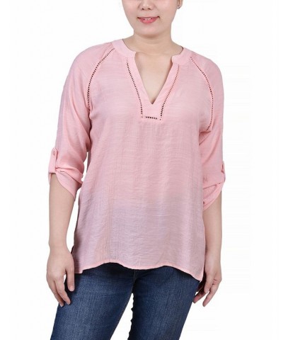 Petite Raglan Sleeve Split Neck Blouse Pink $13.76 Tops